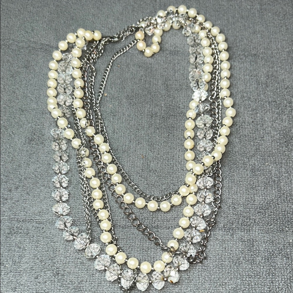 Vintage VCLMG Glass ,Elegant Silver and Cream Pearl Necklace 7 Different Strand